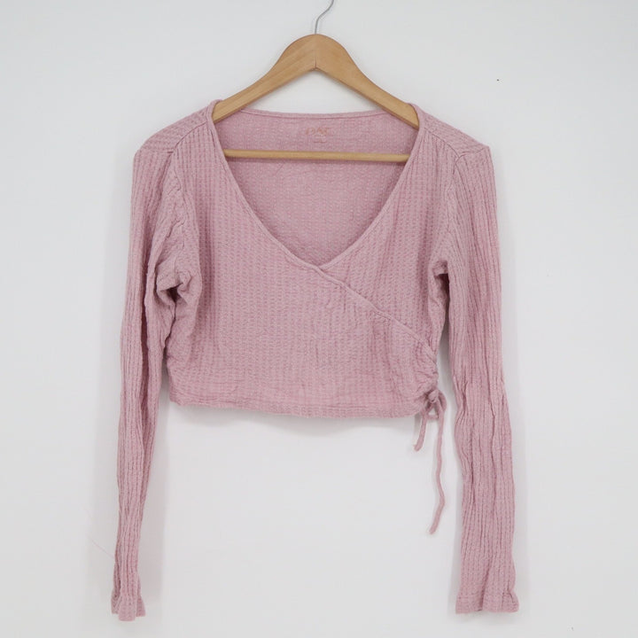 PacSun Mauve Pink Waffle Knit Wrap Crop Top Long Sleeve V-Neck Size M