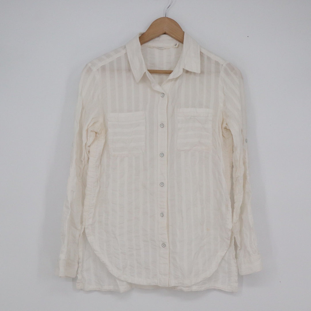 Athleta Womens White Striped Cotton Rayon Button Down Shirt Roll Tab Sleeve XS
