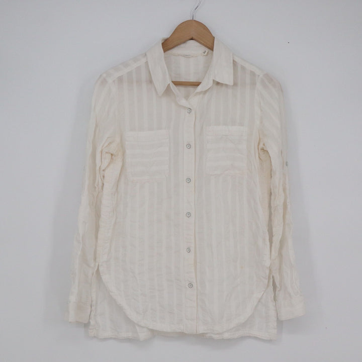 Athleta Womens White Striped Cotton Rayon Button Down Shirt Roll Tab Sleeve XS