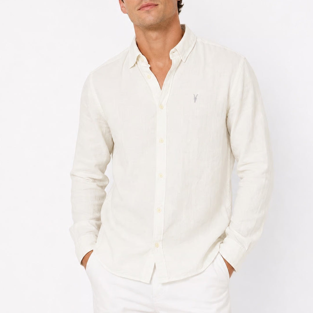 AllSaints Redondo LS Shirt Off White Cotton Ramskull Slim Fit Small