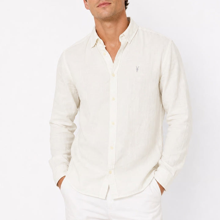 AllSaints Redondo LS Shirt Off White Cotton Ramskull Slim Fit Small