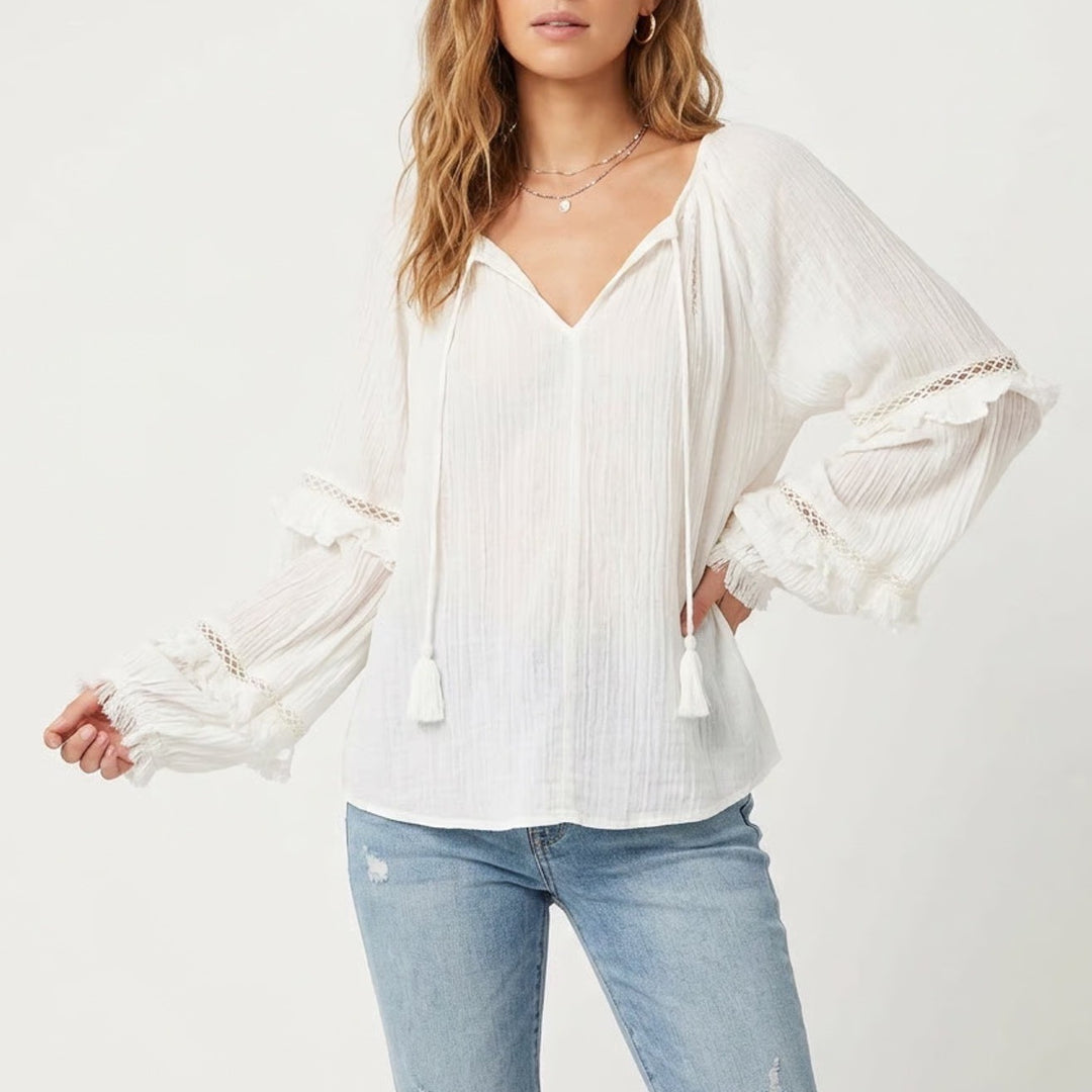 Sundance Tunic Top Womens Large White Sheer Ruffle Long Sleeve Tie Neck Pullover