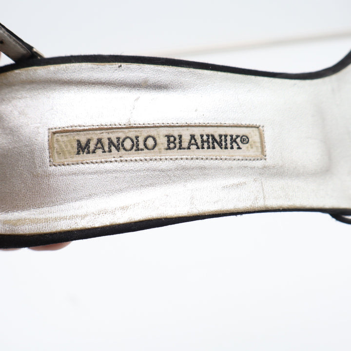 Manolo Blahnik Black Satin Rhinestone Charm Ankle Strap Evening Sandals Heels