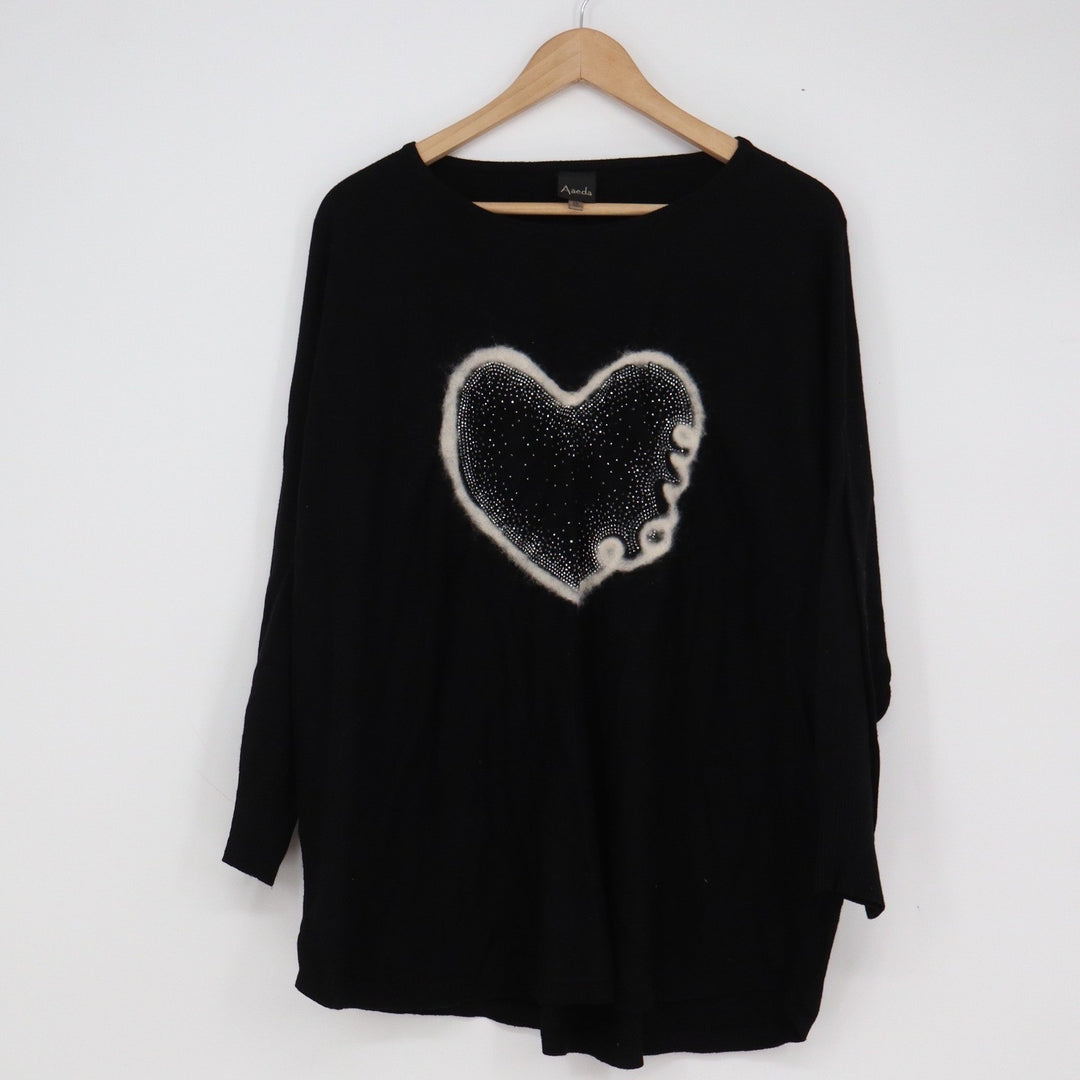 Aaeda Womens Black Heart Rhinestone Fuzzy Graphic Knit Sweater 3X Plus Size