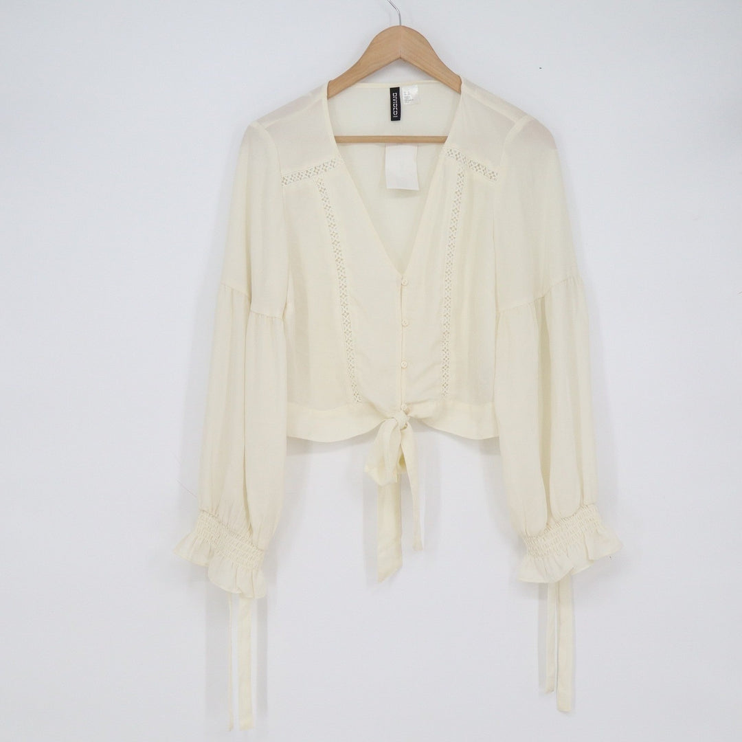 HM Divided Cream Lace Trim Cropped Tie Front Balloon Sleeve Blouse Womens 10 NEW