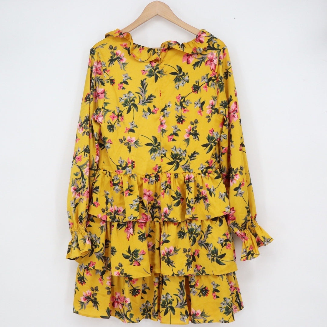 Avec Les Filles Yellow Floral Ruffle Tiered Mini Dress Size 14 Long Sleeve