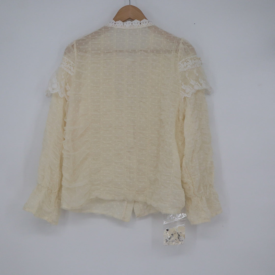 Ying Zi Cream Lace Pearl Ruffle Blouse Swiss Dot Mesh Victorian Top XXL