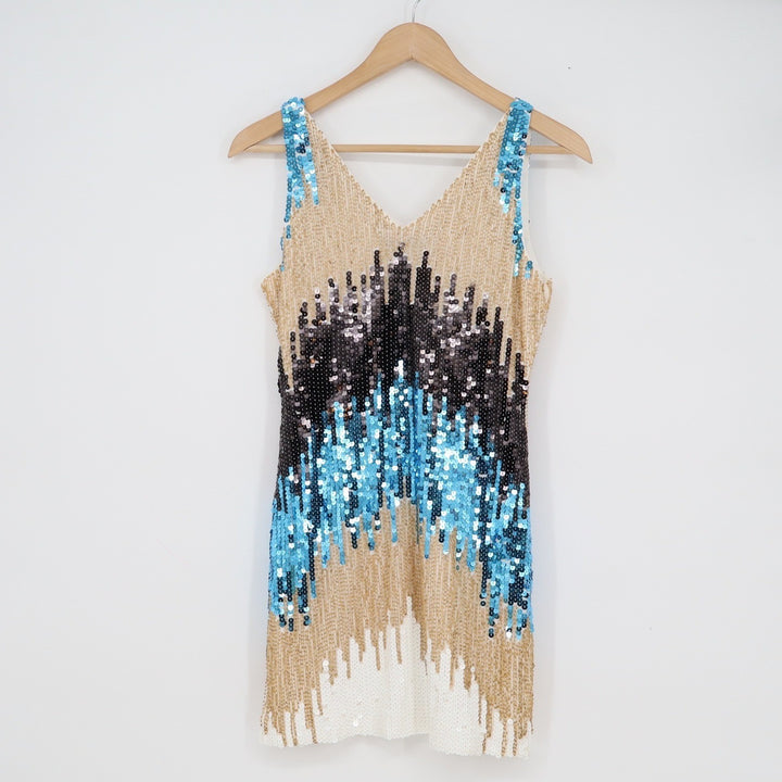 Codigo Womens Sequin Beaded Mini Dress Gold Blue Black V-Neck Size S