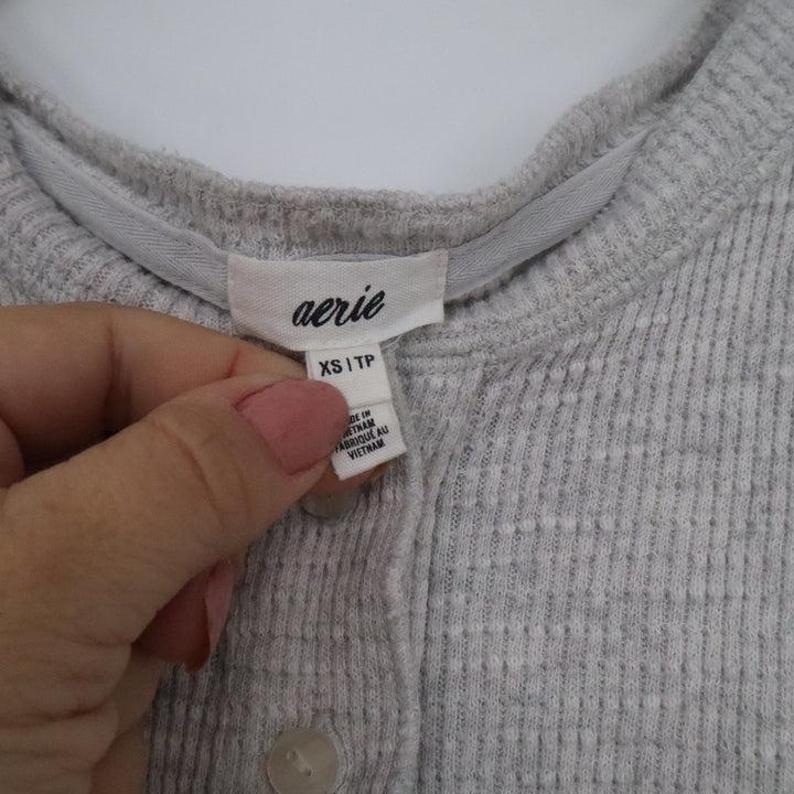Aerie Gray Ribbed Henley Crop Tank Top Sleeveless Cotton Womens XS