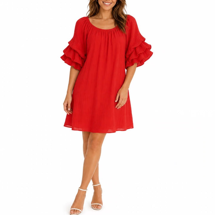 Indigo Rose Red Tiered Ruffle Sleeve Crinkle Shift Dress Large