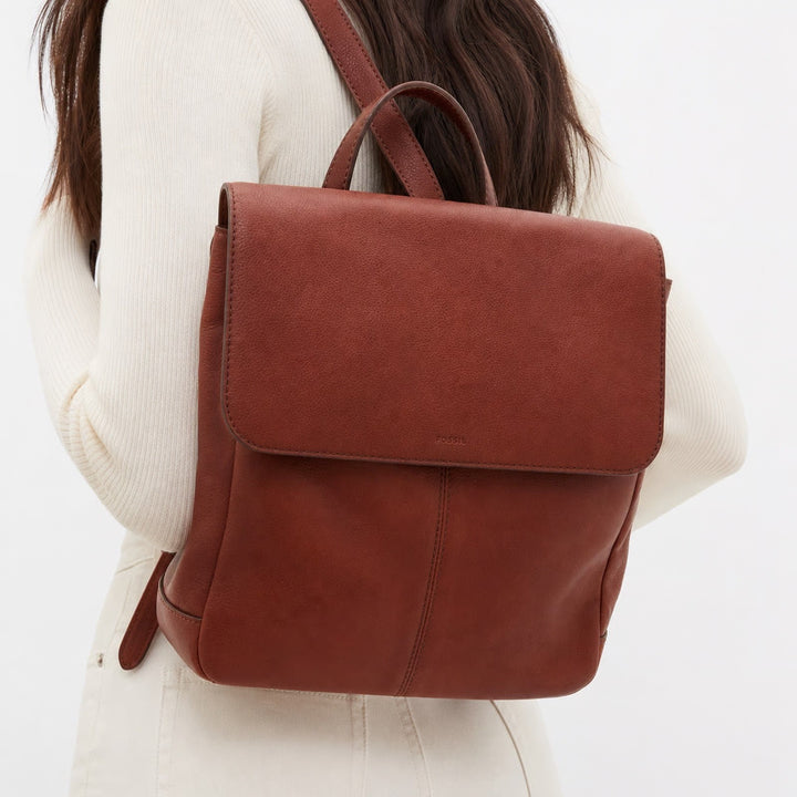 Fossil Women Brown Pebbled Leather Flap Backpack Handbag Cognac