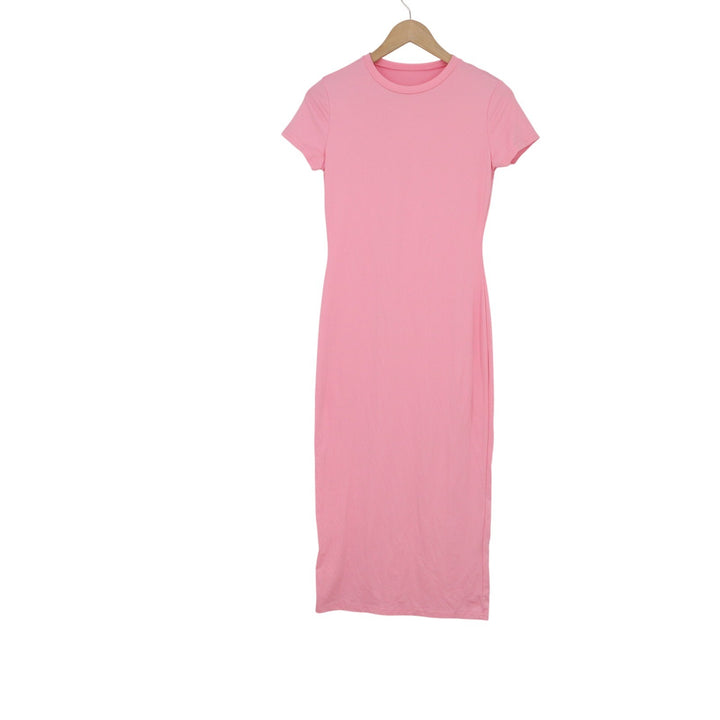 SHEIN Pink Bodycon Midi Dress Womens Size M Short Sleeve Crew Neck Stretch