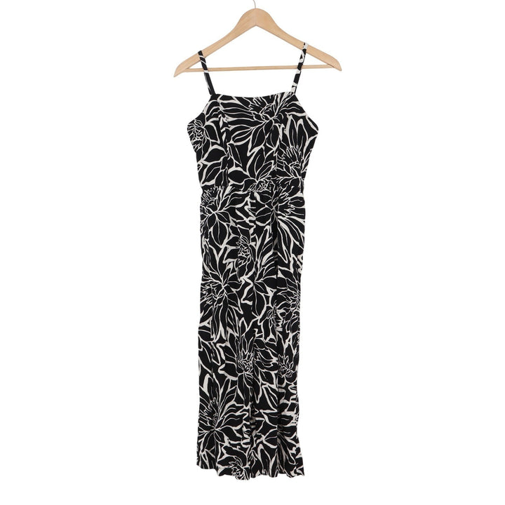 As U Wish Womens Floral Jumpsuit Black White Rayon Linen Wide Leg Size M