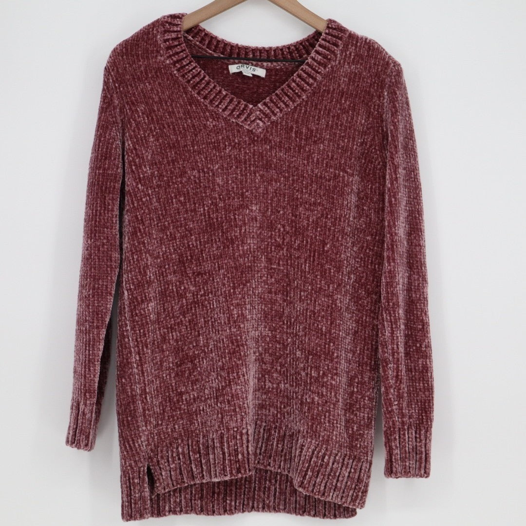Orvis Chenille Tunic Sweater Womens M Maroon Ribbed V-Neck High Low Hem Pullover