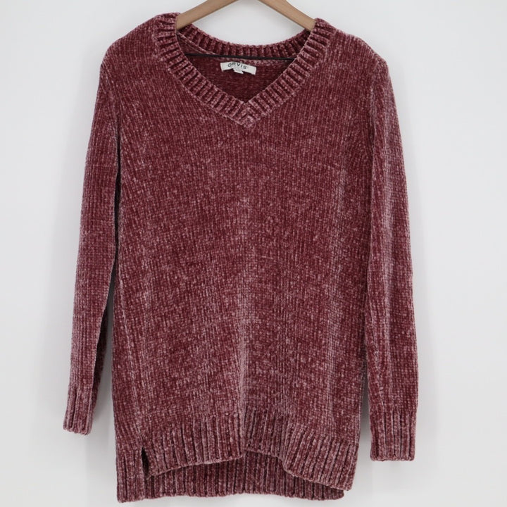 Orvis Chenille Tunic Sweater Womens M Maroon Ribbed V-Neck High Low Hem Pullover