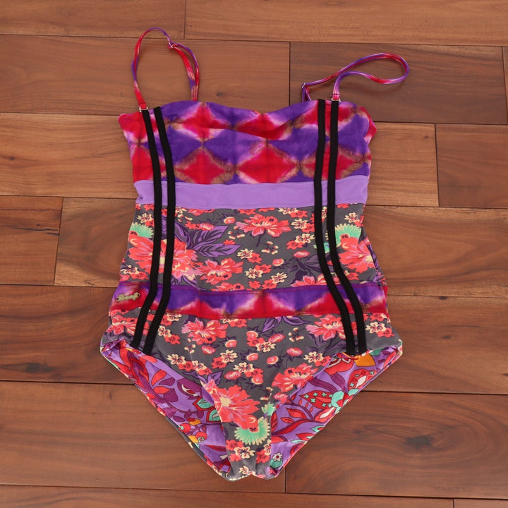 Womens Reversible One Piece Swimsuit Multicolor Floral Tie Dye Removable Straps