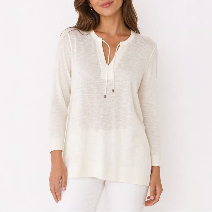 Ann Taylor LOFT Cream Cotton Slub Knit Split Tie Neck 3/4 Sleeve Sweater Large