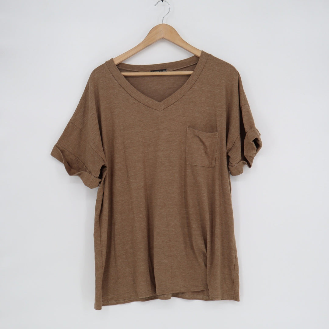 Miholl Womens XXL V-Neck Pocket Tee Short Sleeve Heather Brown Relaxed Fit Shirt