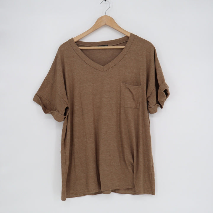 Miholl Womens XXL V-Neck Pocket Tee Short Sleeve Heather Brown Relaxed Fit Shirt