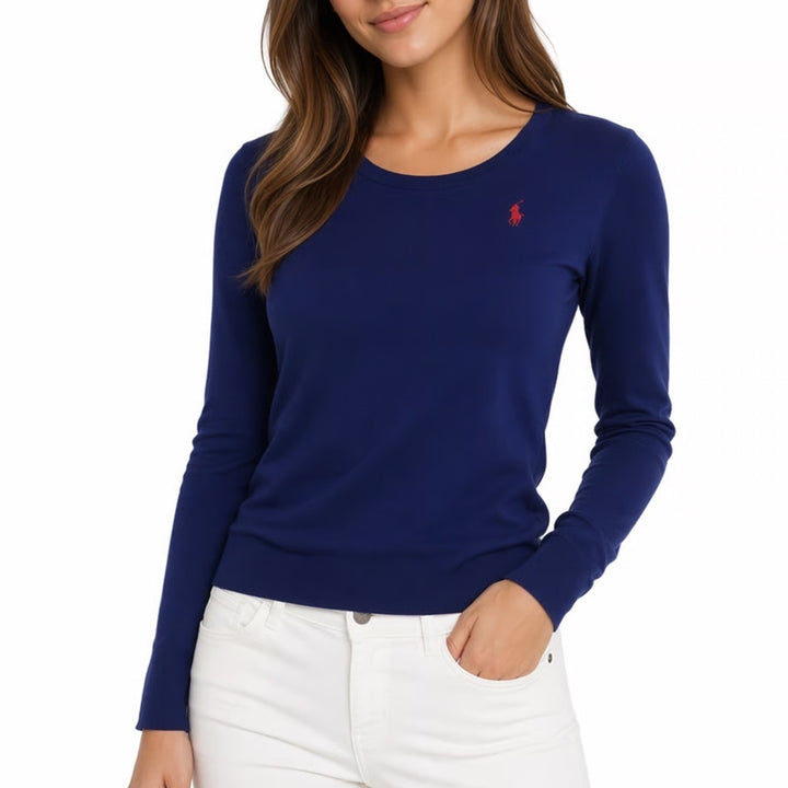 Ralph Lauren Sport Sweater Womens Medium Blue Tight Knit Merino Wool Scoop Neck