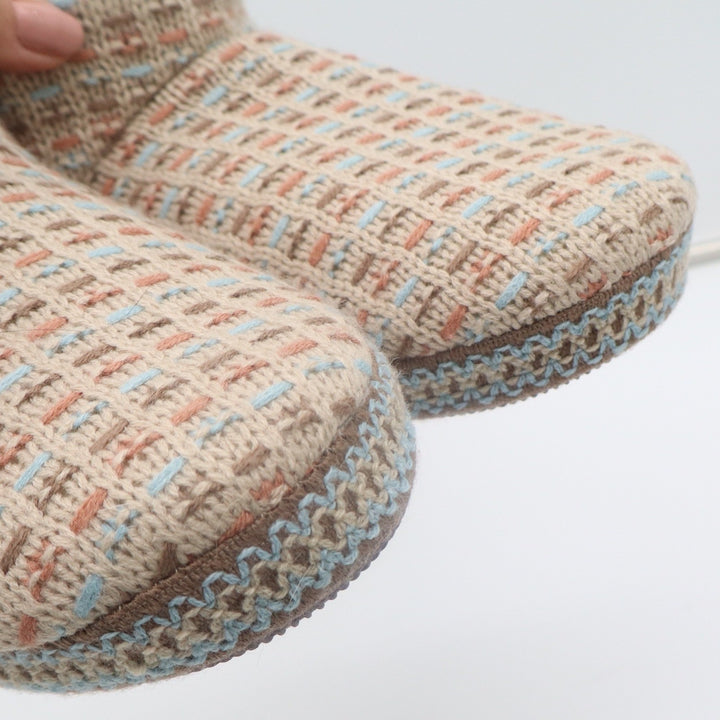 Muk Luks Womens Knit Slipper Boots Faux Fur Lined Beige Blue Coral Size Small