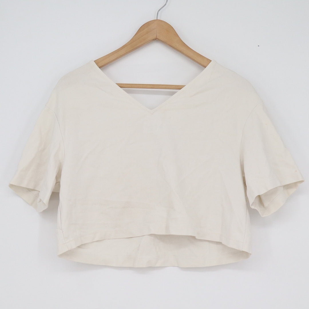 Izzue Cream Asymmetric Cutout Crop Top Short Sleeve Minimalist Size S