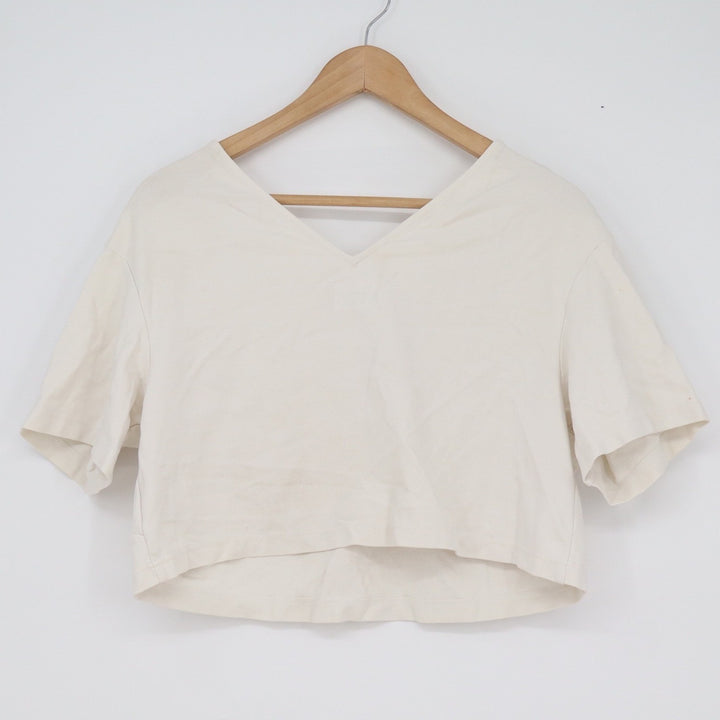 Izzue Cream Asymmetric Cutout Crop Top Short Sleeve Minimalist Size S