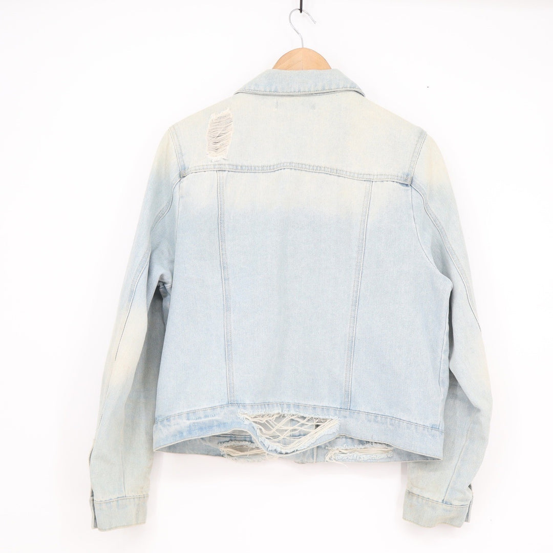 Refuge Womens Distressed Denim Trucker Jacket Light Wash Blue Size L