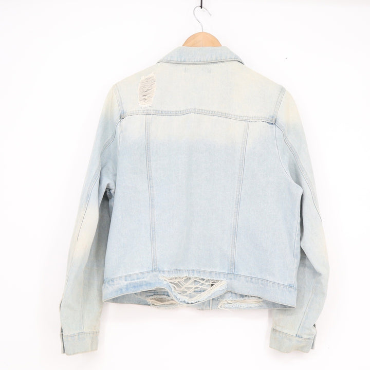 Refuge Womens Distressed Denim Trucker Jacket Light Wash Blue Size L