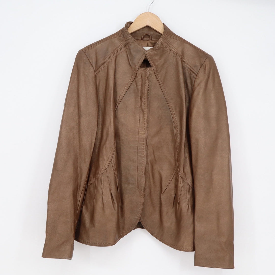 T Tahari Womens Bronze Brown Leather Open Front Jacket Stand Collar