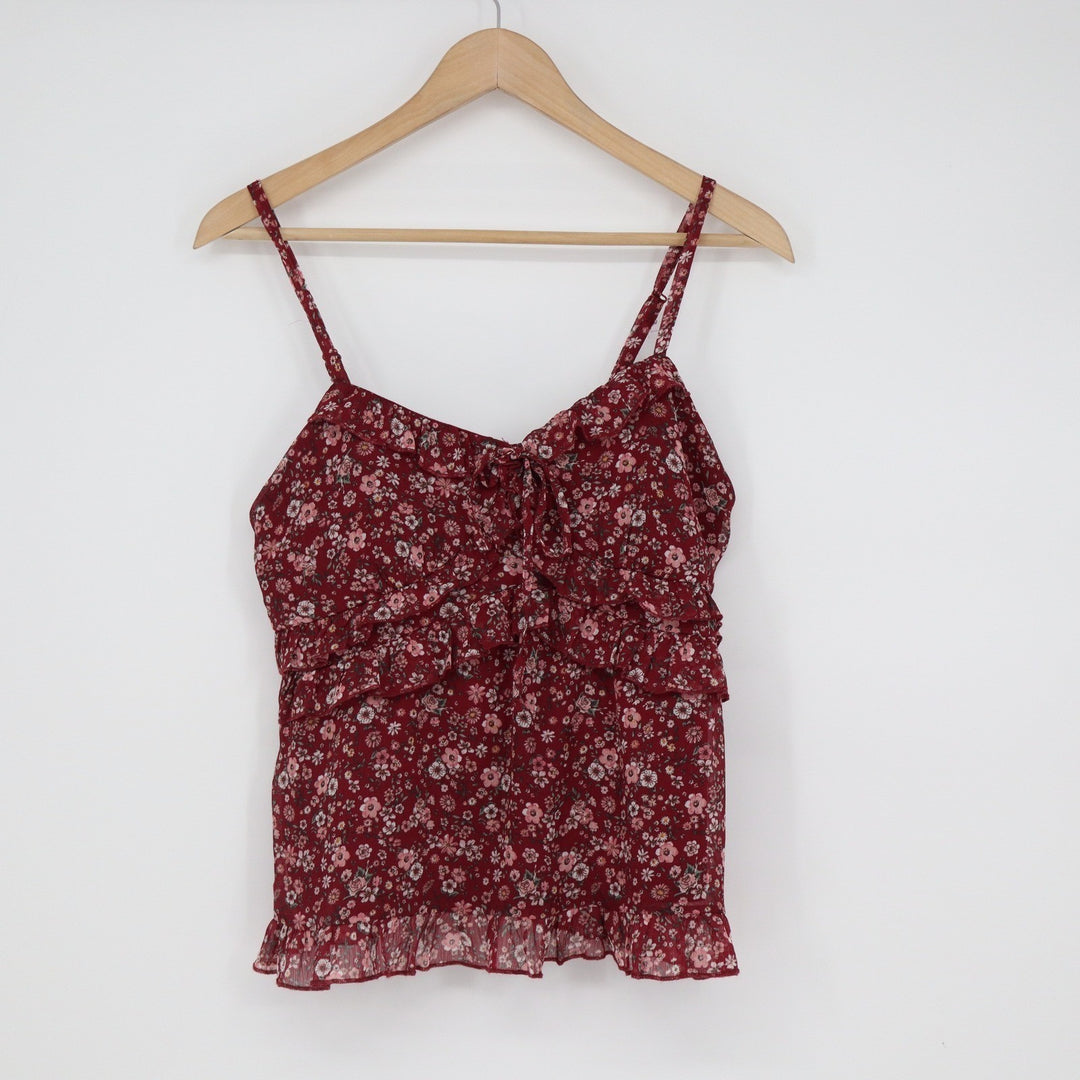 No Boundaries Burgundy Floral Ruffle Cami Top Medium Adjustable Straps Chiffon