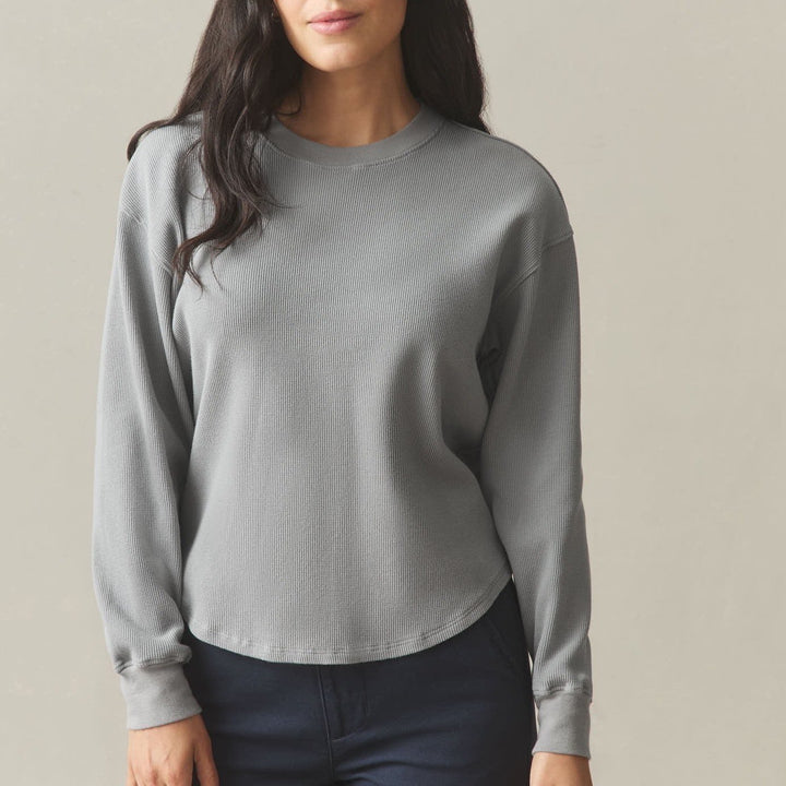 American Giant Thermal Crew Tee Shirt Womens L Sharkskin Waffle Knit Curved Hem