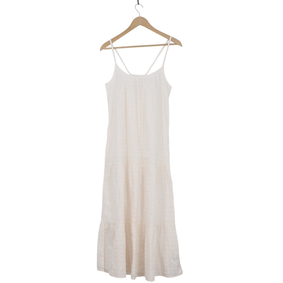 Madewell White Cotton Clip Dot Tiered Midi Dress Tie Back Sleeveless Small