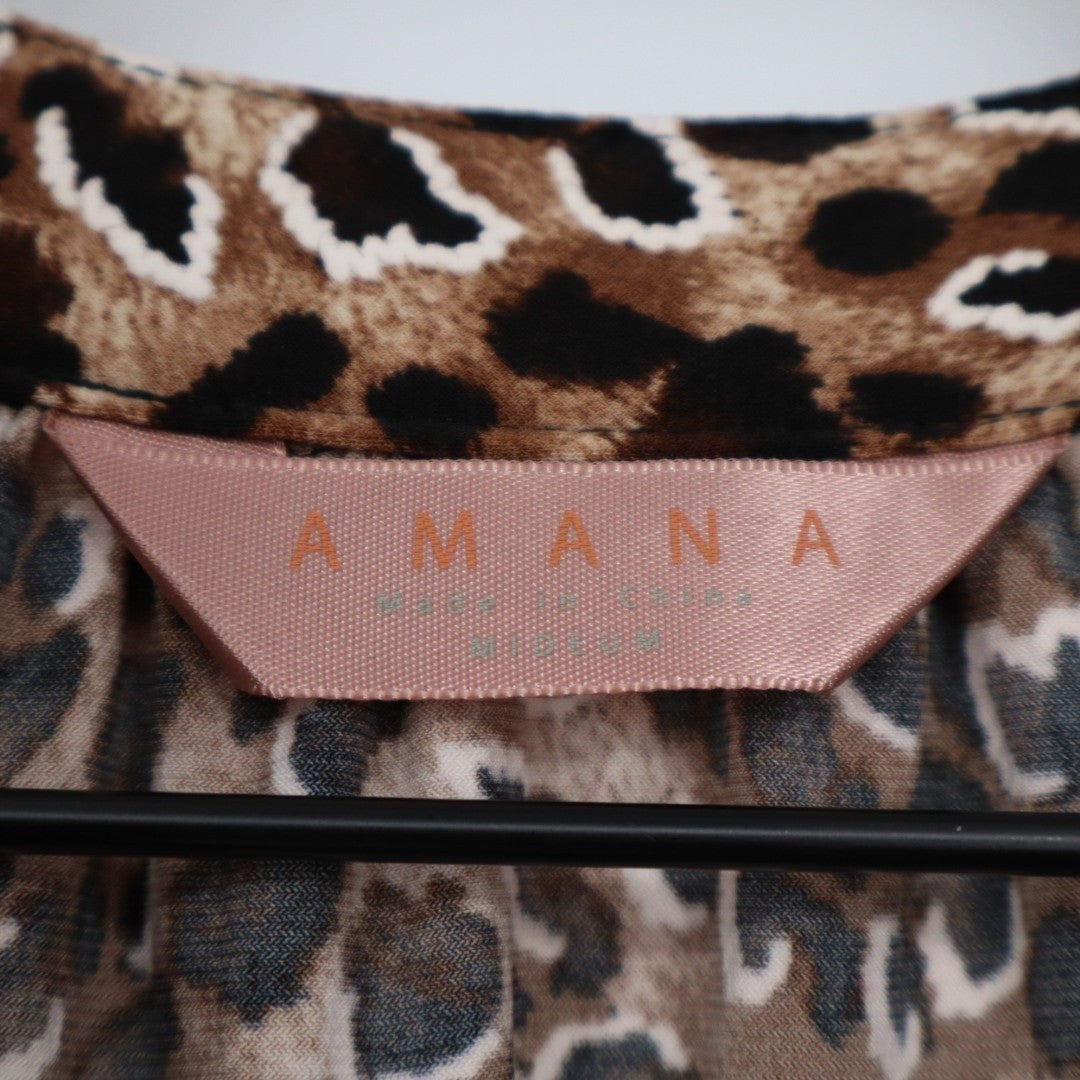 Amana Tank Top Womens Medium Brown Stretch Leopard Print Split Neck Round Hem