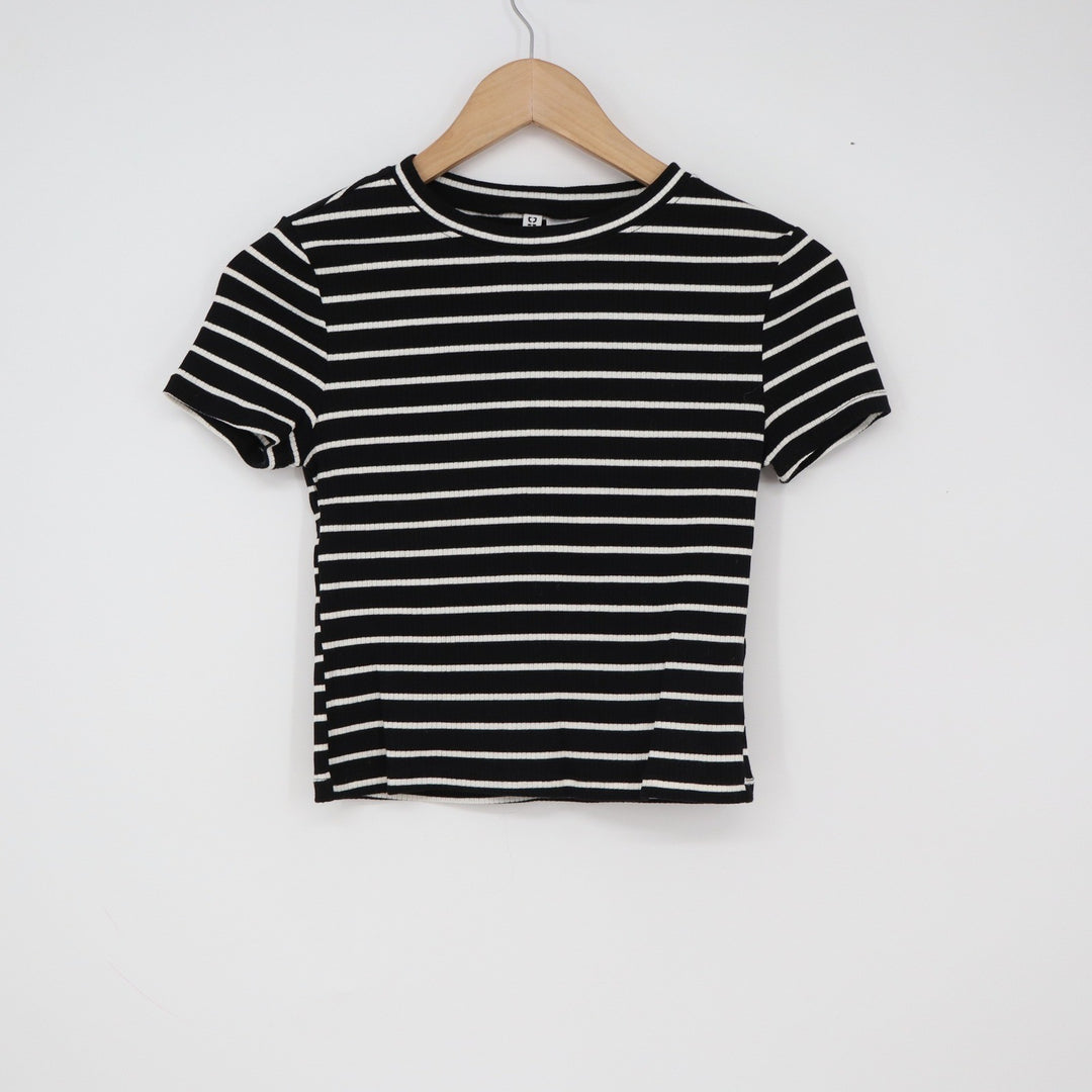 H&M T-Shirt Womens S Divided Basic Ribbed Black White Striped Excellent