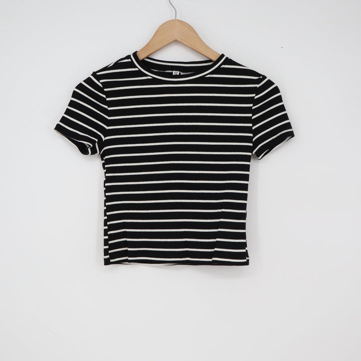H&M T-Shirt Womens S Divided Basic Ribbed Black White Striped Excellent