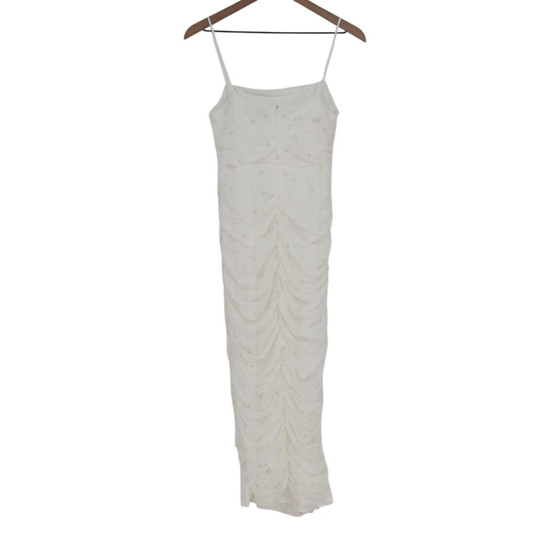Lulus Toast to Romance Bodycon Midi Dress Women Large White Stretch Ruched Pearl