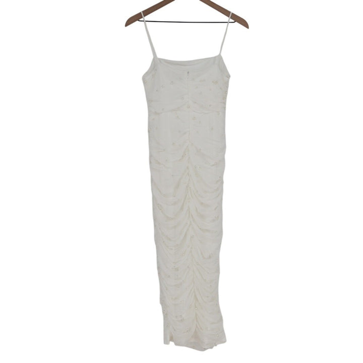 Lulus Toast to Romance Bodycon Midi Dress Women Large White Stretch Ruched Pearl