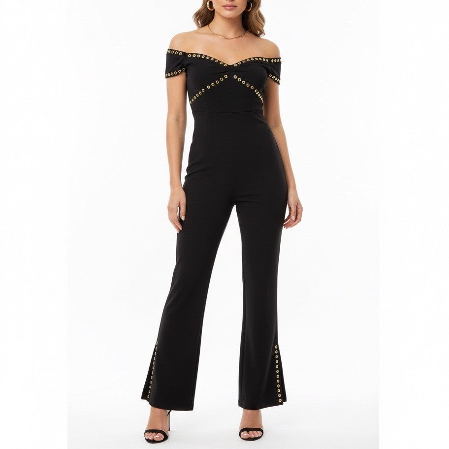 Foxiedox Anita Jumpsuit Womens Small Black Embroidered Off Shoulder Flare Leg