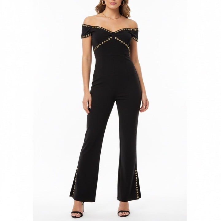 Foxiedox Anita Jumpsuit Womens Small Black Embroidered Off Shoulder Flare Leg