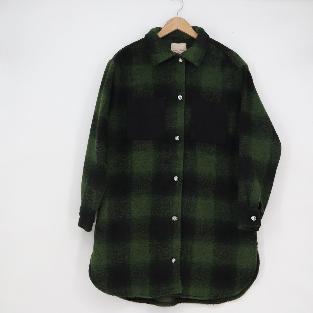 Casa Cabana Brenda Plaid Shacket Black Army Green Buffalo Check Button Down S