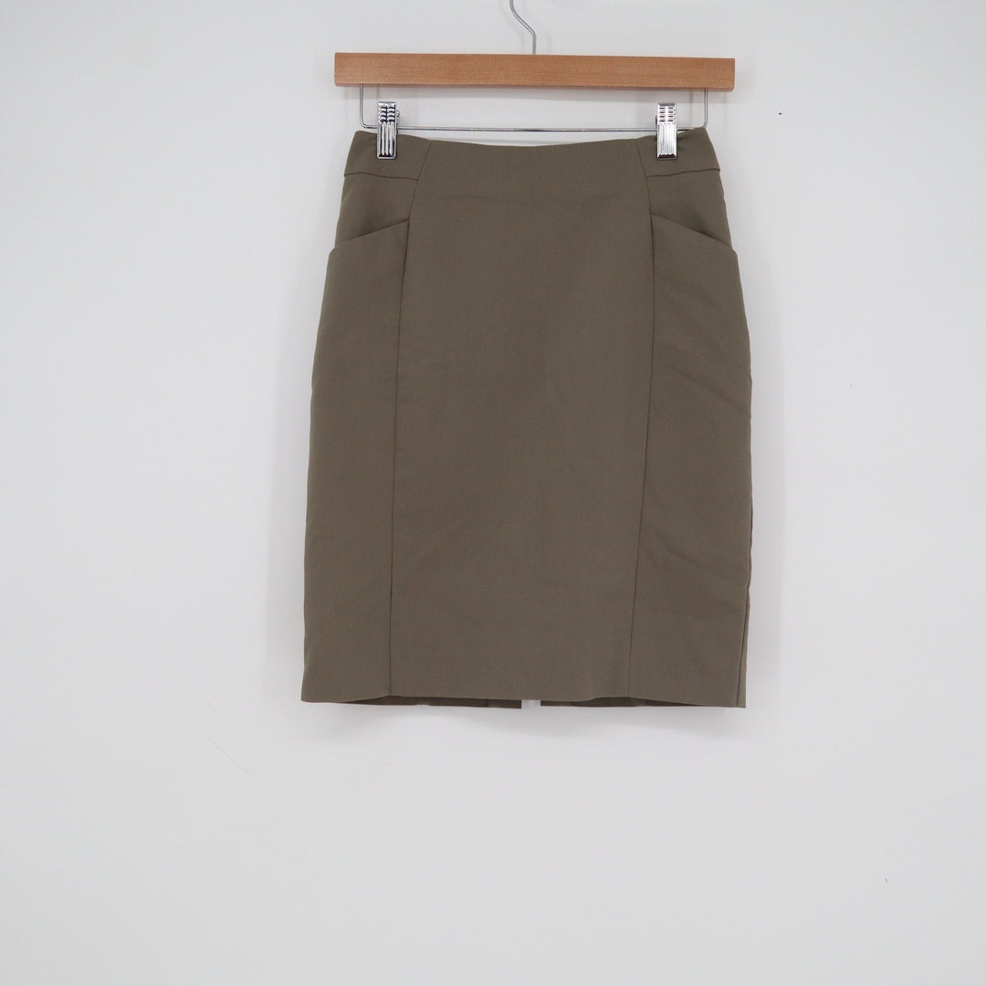 HM Womens Olive Taupe Pencil Skirt Size 4 Cotton Blend Knee Length Side Pockets