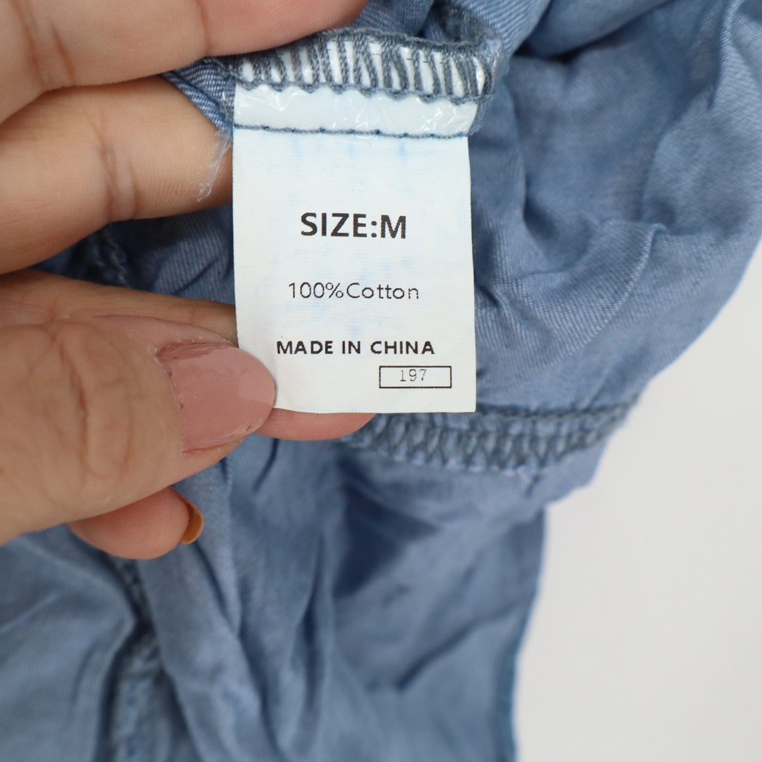 Blue Chambray Cotton Tiered Mini Dress Smocked Waist Flutter Sleeve Medium