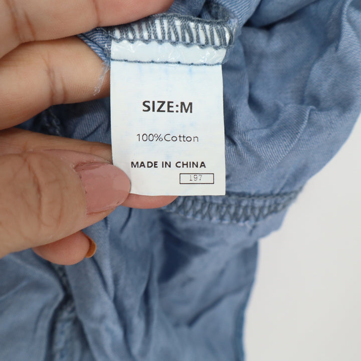 Blue Chambray Cotton Tiered Mini Dress Smocked Waist Flutter Sleeve Medium