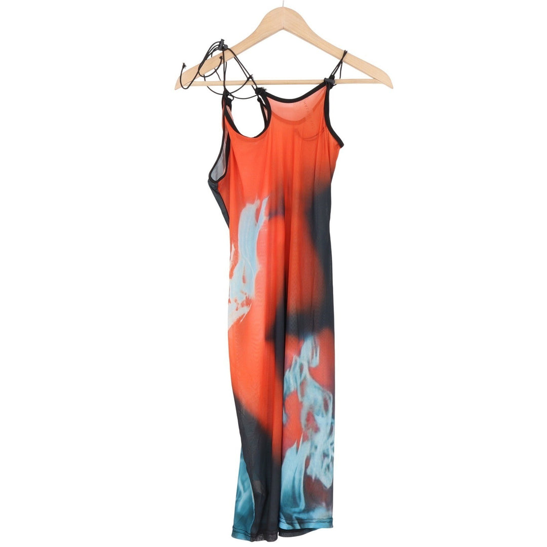 Halfheart Orange Abstract Graphic Mesh Cutout Midi Dress Large