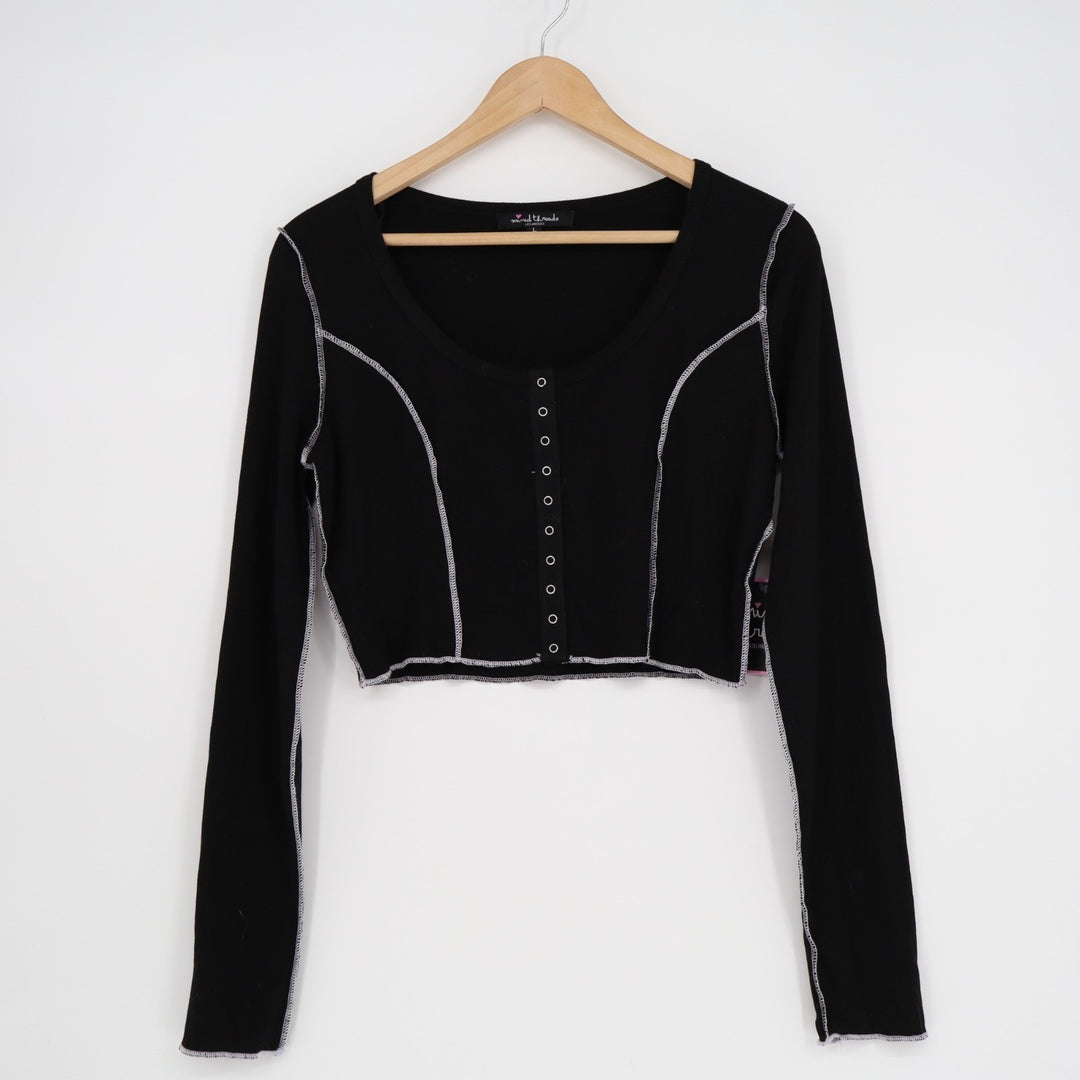 Mixed Threads Crop Top Womens L Black Stretch Waffle Knit Snap Button Round Neck