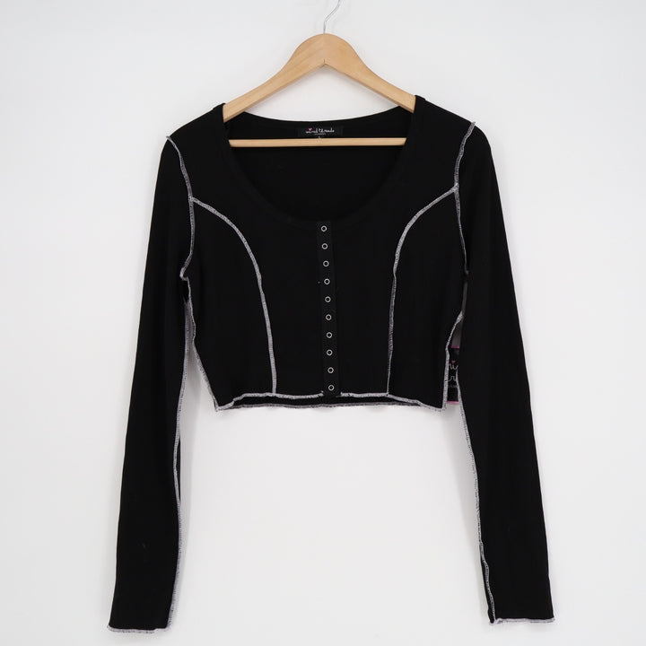 Mixed Threads Crop Top Womens L Black Stretch Waffle Knit Snap Button Round Neck