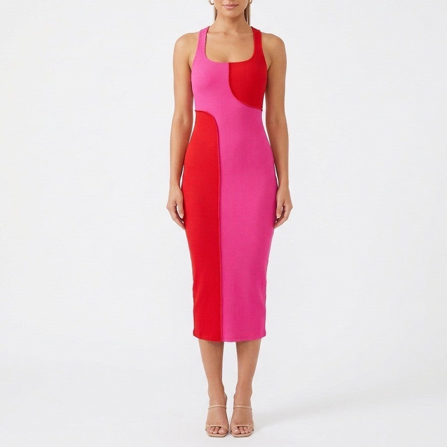 Naked Wardrobe Pink Red Colorblock Ribbed Racerback Midi Dress XS