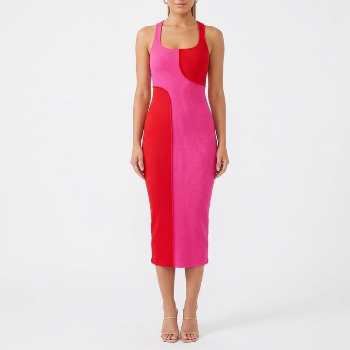 Naked Wardrobe Pink Red Colorblock Ribbed Racerback Midi Dress XS