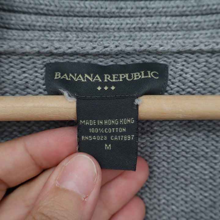 Banana Republic Cardigan Sweater Womens M Gray White Striped Cotton Knit Ribbed